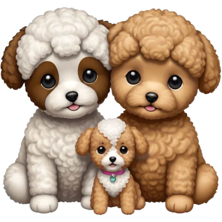 Two small, fluffy dogs with a toy poodle / bichon-like appearance, both with round faces, black button eyes, and short snouts. Their fur is bright white, tightly curled, and freshly groomed, styled in a plush, teddy-bear cut. emoji