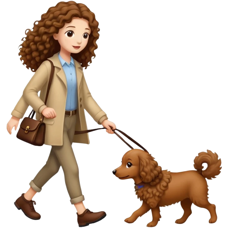 A long-haired girl walking a small brown curly dog emoji