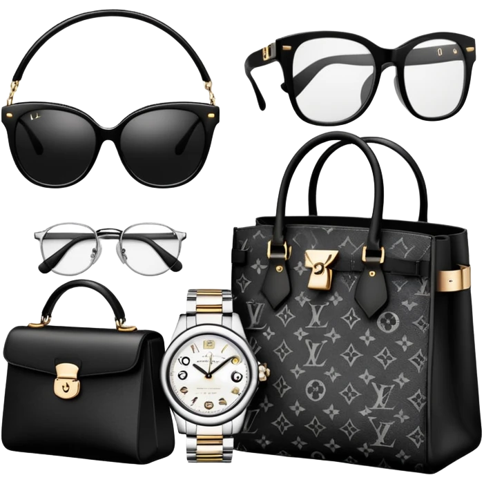 bags and watches, and glasses, all black and white put together like a bundle with no face, all luxury items like lv emoji