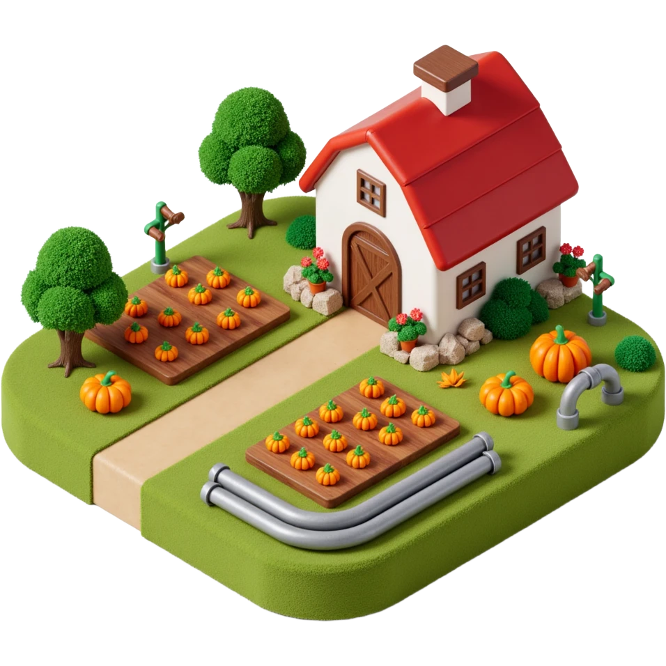 Outside view of a cartoon farm with pumpkin patches and cookie-shaped plants growing, metal water pipes running through the field, cheerful colors emoji