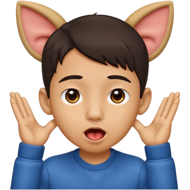 a boy with asian eyes holding his ears and with his tongue out emoji