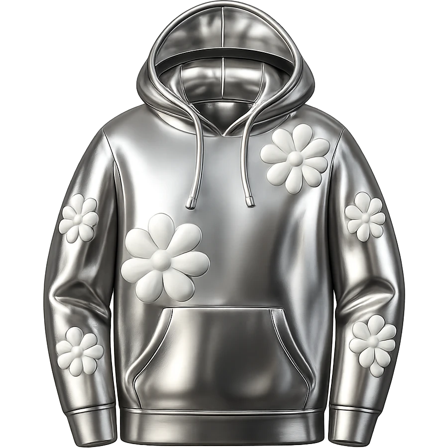 Make the hoodie in a chrome 3D metallic style, highly reflective, with the flowers remaining white. Remove the background. emoji