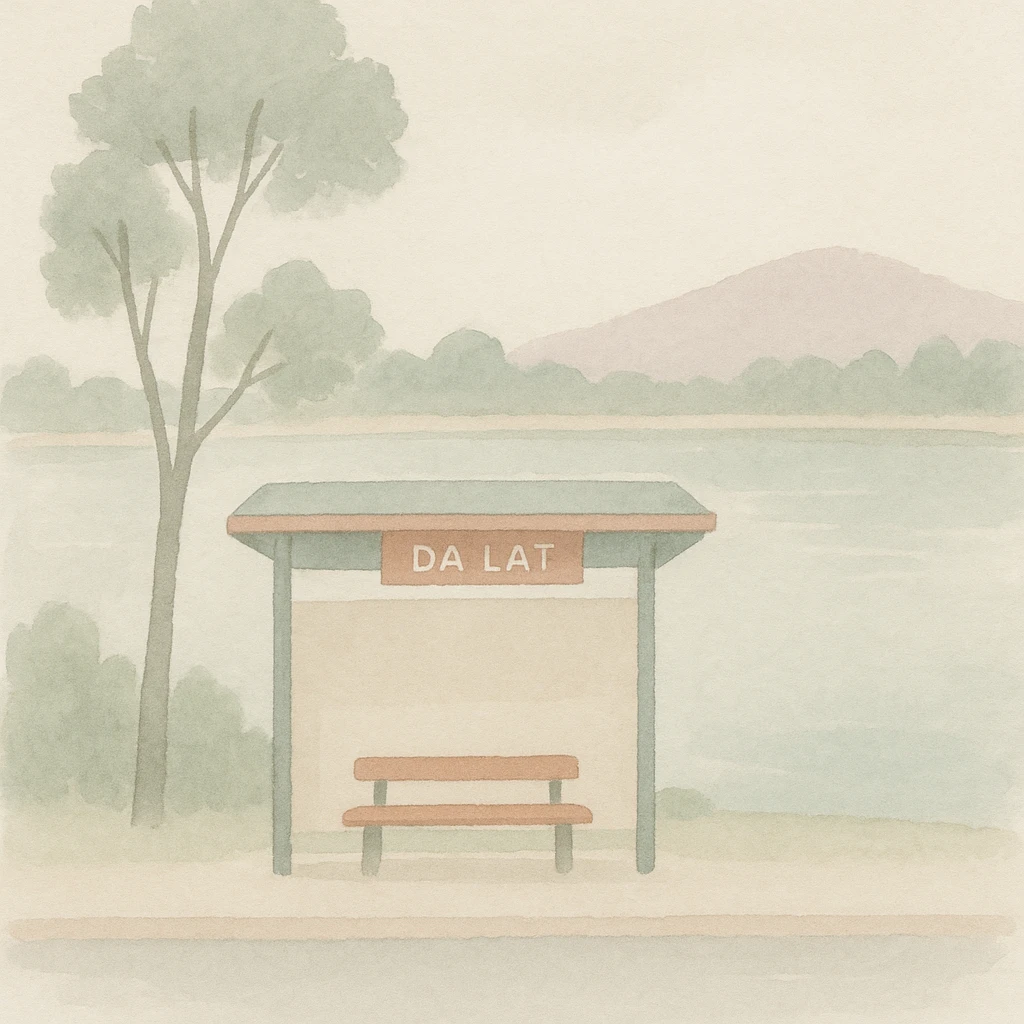 soft watercolor illustration in a minimalist, modern style, bus stop in Da Lat next to Lake Xuân Hương, pastel colors, delicate linework, gentle whimsical mood, minimal soft shading emoji