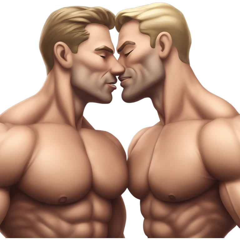 Muscular Caucasian gay bodybuilders kissing realistic emoji