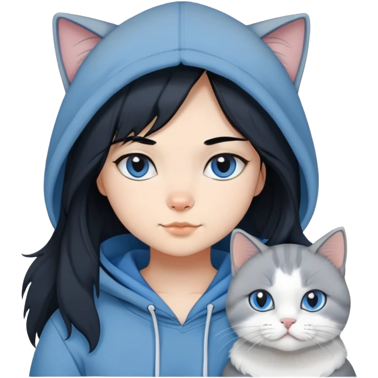 Girl with black hair in gray hoodie with a British shorthair blue and white cat and a long-haired blue and white cat emoji