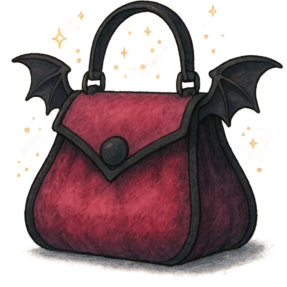 Pink and black gothic purse in Ghibli style, bat wing accents, velvet texture, magical aura, no background emoji