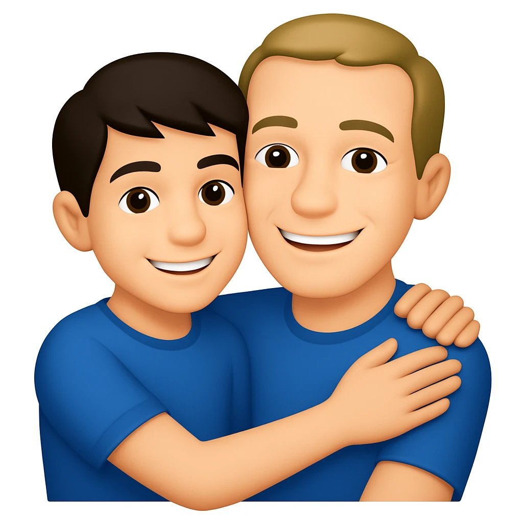 Make the son a 15 year old with dark brown hair, and the father a 39 year old good looking man with a crooked hairline, in the style of apple emojis. The style is colorful, simple, and iconic like apple emoji style. emoji