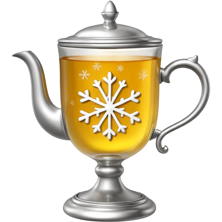 3D emoji of a traditional
Russian tea glass in an ornate silver metal holder (podstakannik). Hot tea with a lemon slice, visible steam forming a small snowflake shape. High-end glossy 3D
 emoji