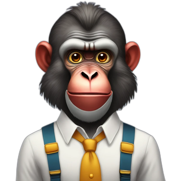 Funny Mandrill with a human look bold with beard wears a shirt and Suspenders in the shirt neck a butterfly like a clown emoji