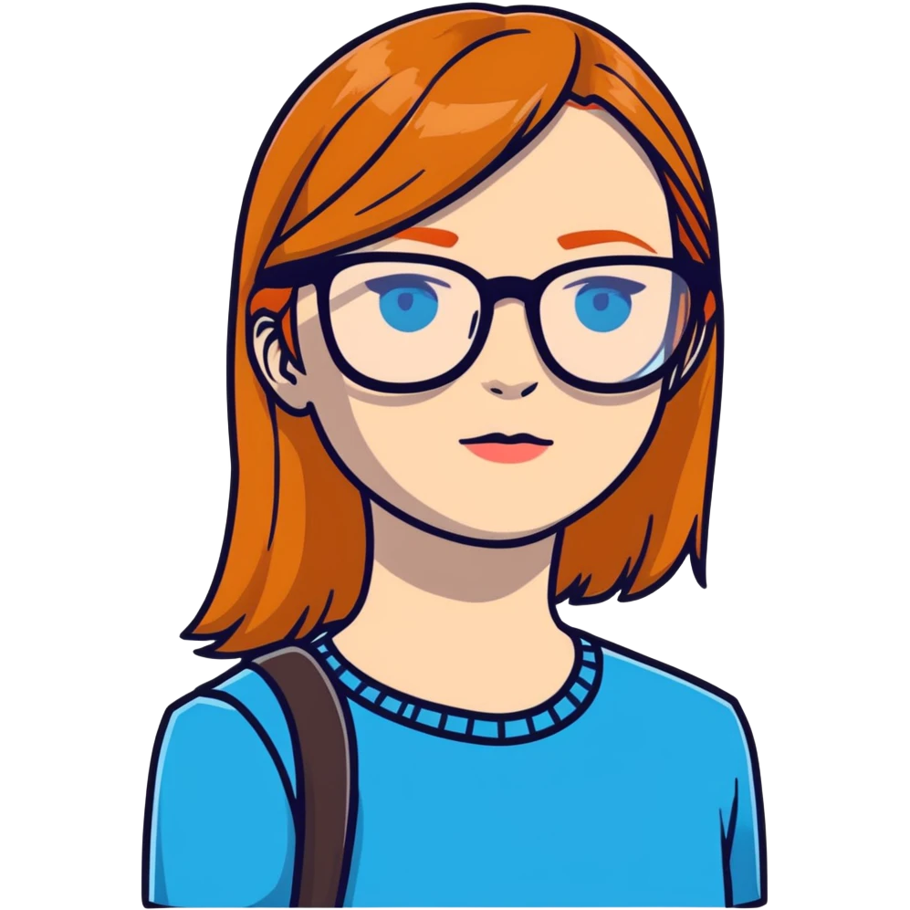 woman with pale skin, ginger straight hair, black glasses, blue eyes emoji
