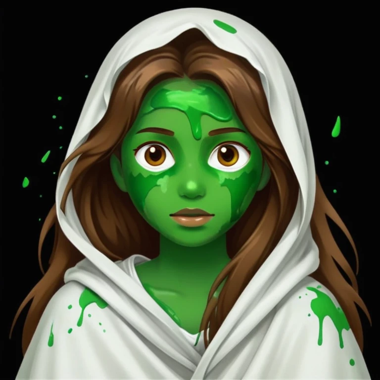 Girl with long brown hair wearing a big white sheet with a shiny face and green paint stroke randomly splattered on her clothes and face emoji