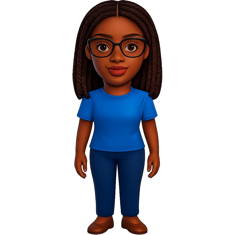 Kemi Badenoch headshot emoji with glasses and braided hair standing, transparent background emoji