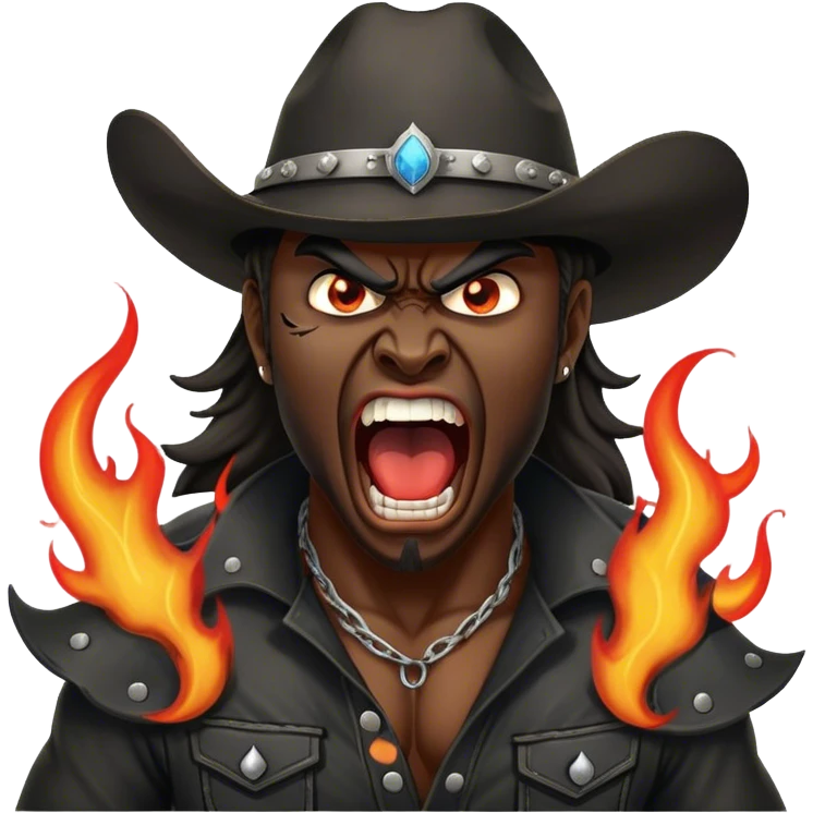 angry heavy metal guy screaming wearing a cowboy with flames coming out his back emoji