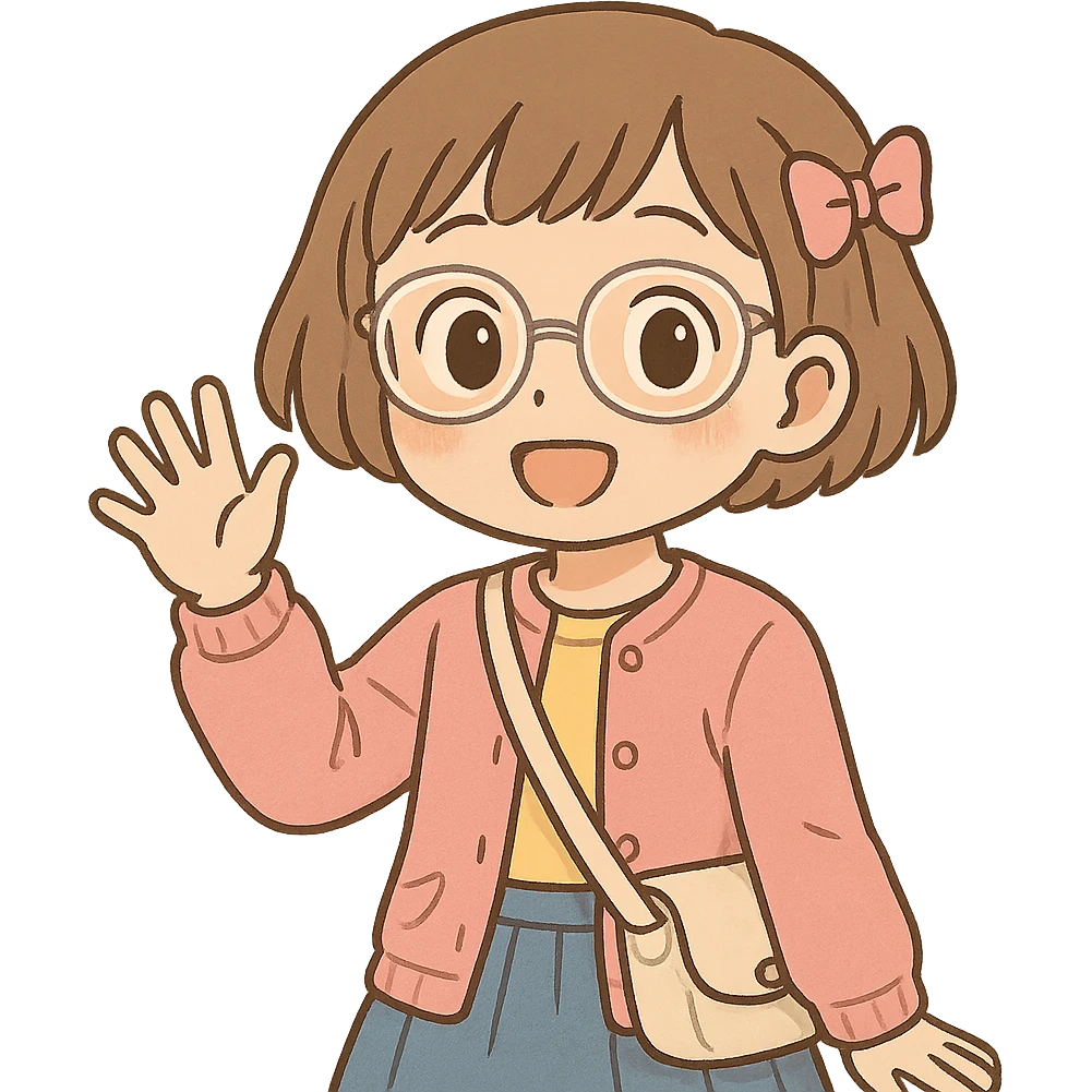 10 year old girl with clear glasses and short light brown hair, cute core style, waving emoji