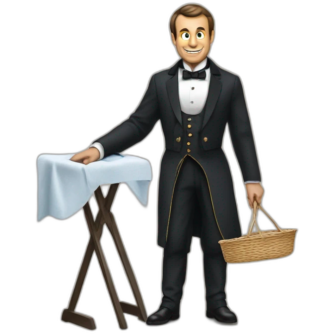 Emanuel macron dressed as a maitre d' ironing laundry emoji