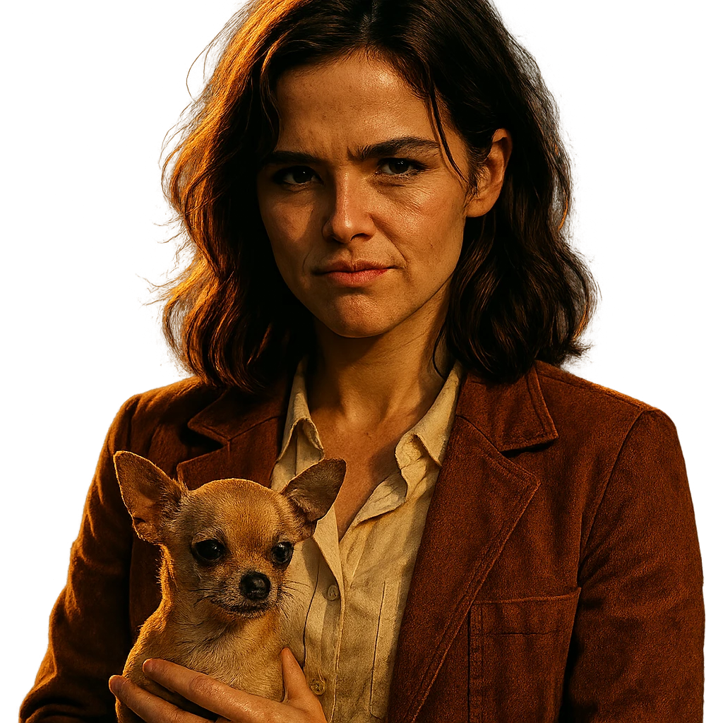 portrait centré d'une femme inspirée du visage de Zoe Deutch, teint hâlé, taches de rousseur discrètes, expression rebelle et enjouée, cheveux bruns mi-longs avec reflets auburn, chemise couleur #FFF8CA, veste rouille, tenant un chihuahua beige-marron, effet golden hour, fond transparent, style série Netflix, ambiance dramatique et contrastée emoji
