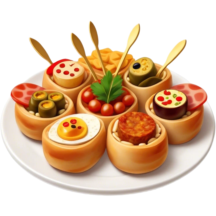 Tapas (4 Pintxos) Cinematic Realistic Tapas Dish Emoji, depicted as an assortment of 4 pintxos elegantly arranged on a plate, rendered with lifelike textures and vibrant, inviting lighting. emoji