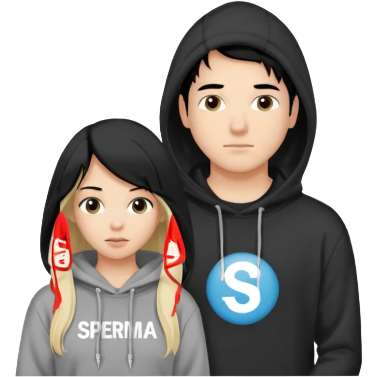 I want it to be this emote 🙍‍♂️
of a guy with black hair and a black sweatshirt with the word "sperma" written in white in the middle. Behind him, there's a pretty blonde with long hair, pulling the string on the first person's hoodie. The girl is wearing a gray sweatshirt. emoji
