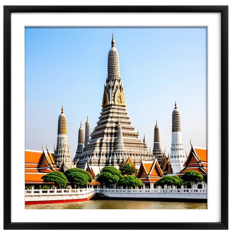 Cinematic Realistic Wat Arun Landmark Emoji, depicting the towering temple spires adorned with intricate porcelain mosaics emoji