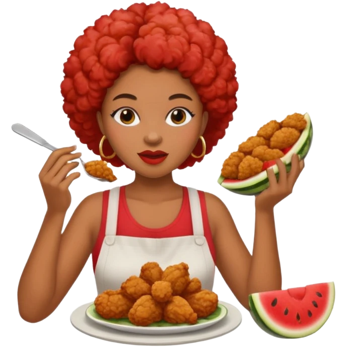 A black woman eating fried chicken and watermelon emoji