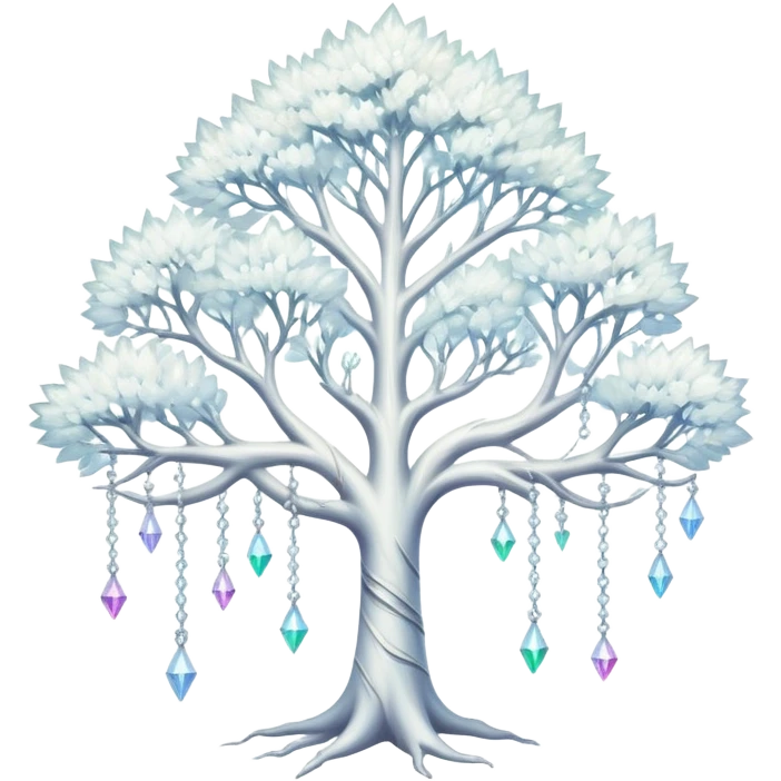 Spiritual magical ethereal white tree with iridescent crystals hanging in it emoji