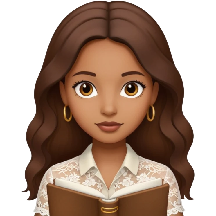 Brown girl with silk press writing in girly lace notebook emoji