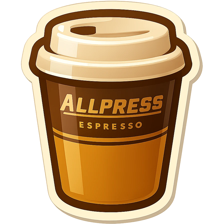 Create a simplified emoji of an Allpress coffee cup with brown and gold colors in a modern emoji style. Transparent background. emoji