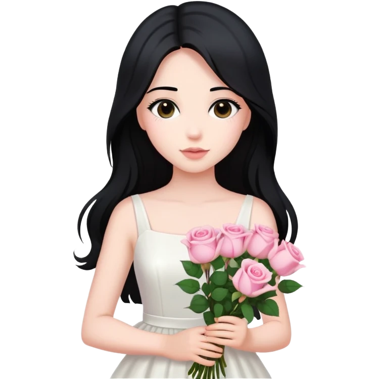 A beautiful girl with long black hair and a white dress is holding a bouquet of pink roses emoji