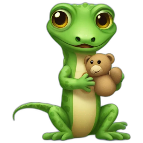 sad gecko holding teddy bear emoji