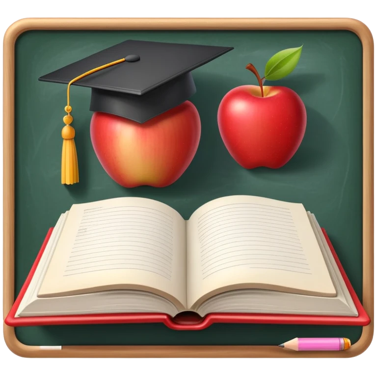 An icon featuring an open book, a chalkboard with lesson plans, and a pencil, symbolizing education and pedagogy. The design includes an apple and a graduation cap, representing teaching and learning. Transparent background highlights the growth and development in education. emoji