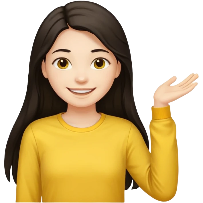 girl on a laptop, long dark hair white skin and yellow shirt long sleeves, smiling emoji