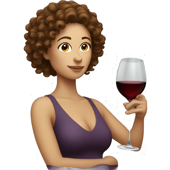 White Woman with curly brown hair drinking wine emoji