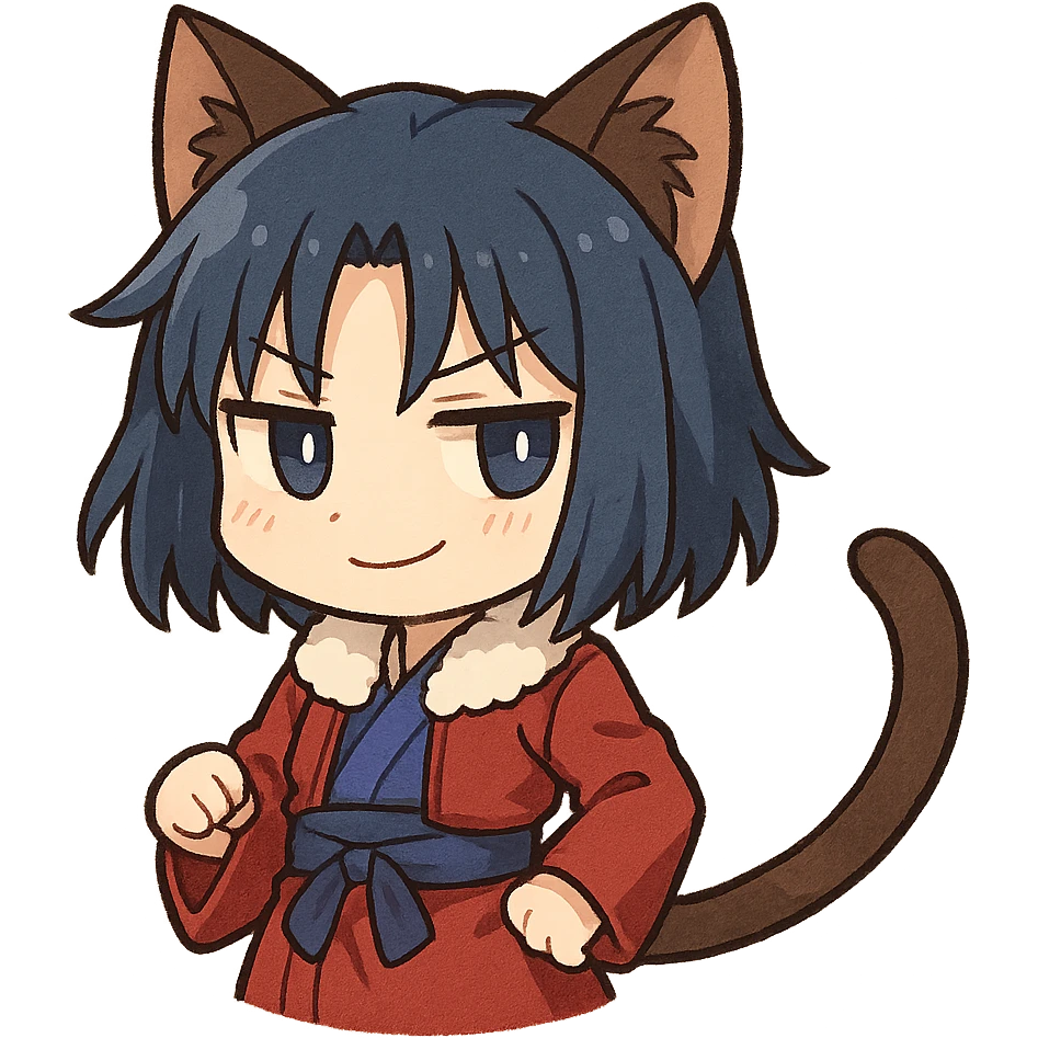 Ryougi Shiki as a chibi with cat ears and cat tail, with a smirk emoji