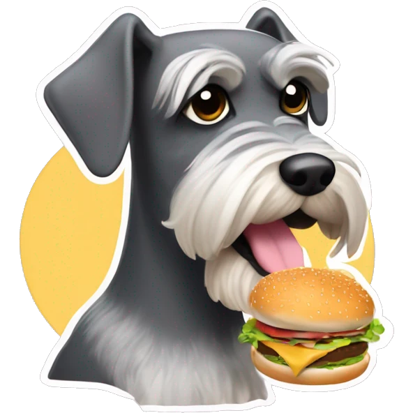 A miniature schnauzer  eating burger￼ emoji