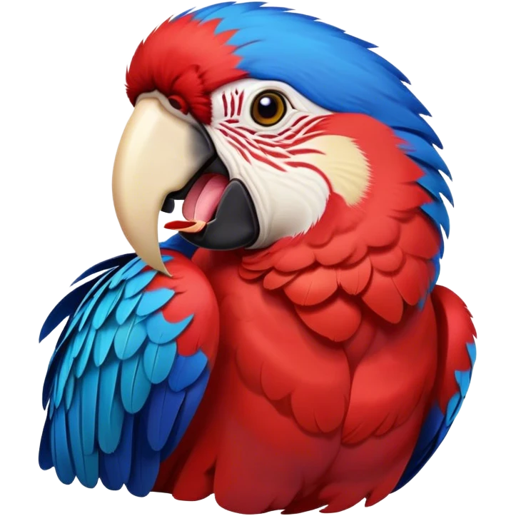 Cinematic Realistic Cute Yawning Macaw Portrait Emoji, Head tilted slightly with a dramatic, wide-open yawn, showcasing a soft, downy arrangement of vivid scarlet and blue feathers with gently drooping features and half-closed, drowsy eyes, rendered with lifelike feather detail and natural lighting, high shine, relaxed yet expressive, styled with a dash of tropical whimsy, soft glowing outline, capturing the essence of a sleepy yet affectionate macaw that appears ready to rest its wings in a quiet, enchanted moment! emoji