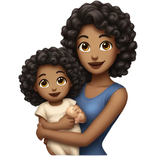 A lady with light skin and curly black hair with highlights holding a baby with really curly brown hair emoji