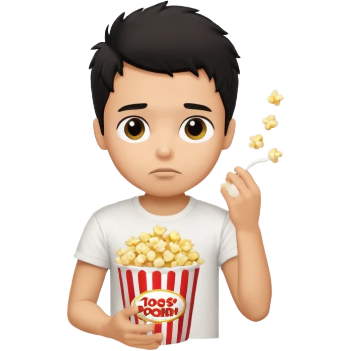 generate a pretty tan bratz boy with black messy hair eating popcorn and watching tv, wearing white tshirt emoji