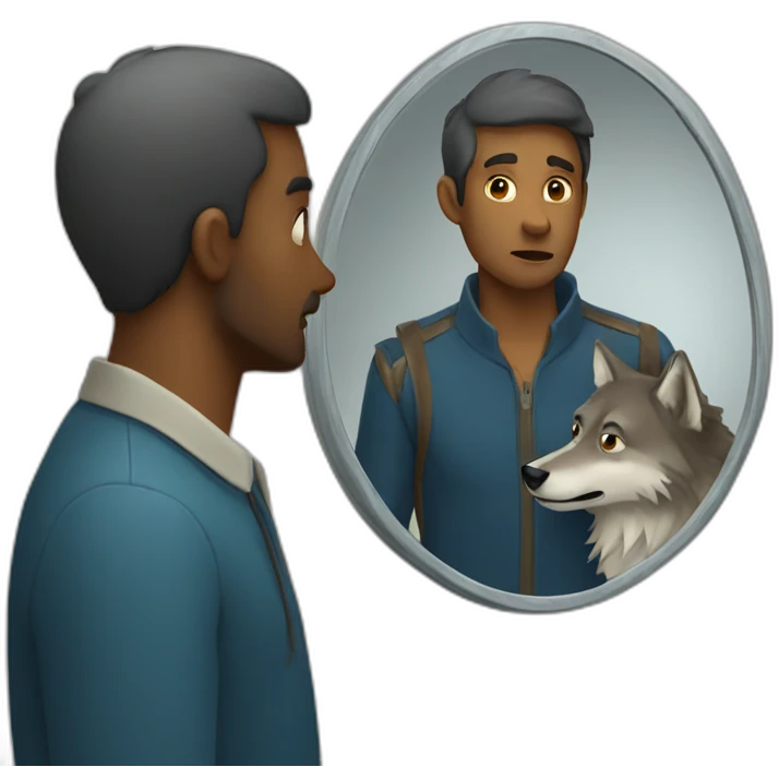  a man looking at a mirror and seeing a human looking wolf emoji
