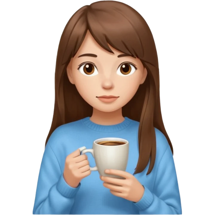A girl with elongated bangs and long brown hair drinks coffee  emoji