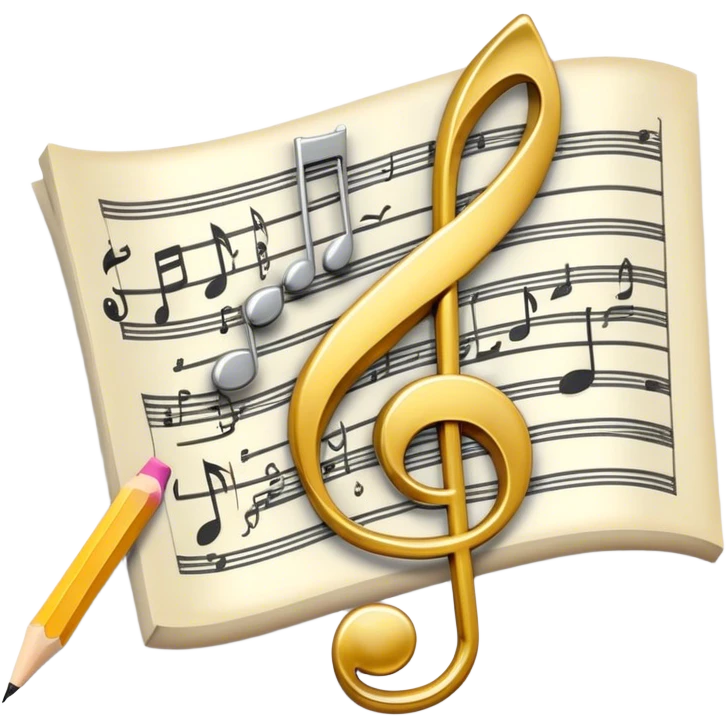 Create a bright and artistic emoji that represents music composition. The design should feature musical notes, a pencil or quill, and a sheet of music, symbolizing the creative process of composing a song. Add a touch of elegance with flowing lines to represent melody and rhythm. Use gold or silver tones for sophistication, and incorporate a mix of vibrant colors to convey creativity. The background should be transparent. emoji