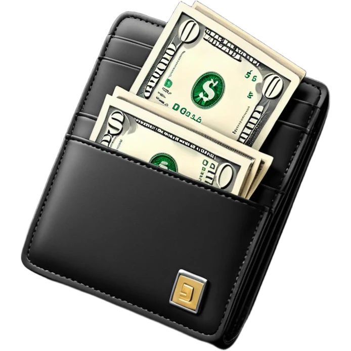Rich emoji style black leather wallet with dollar bills, luxury money vibe, premium 3D emoji, ultra clean, high detail, no background
 emoji