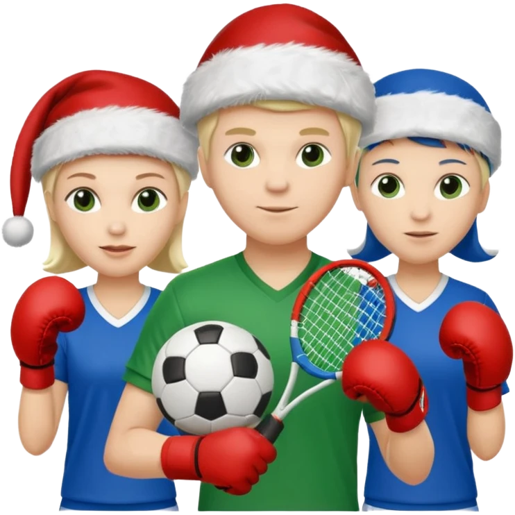 crie a imagem de 3 atletas de modalidades diferentes, usando elementos esportivos, como por exemplo bola, raquete, luvas de luta... e usando um chápeu de papai noel das cores verde e azul. emoji