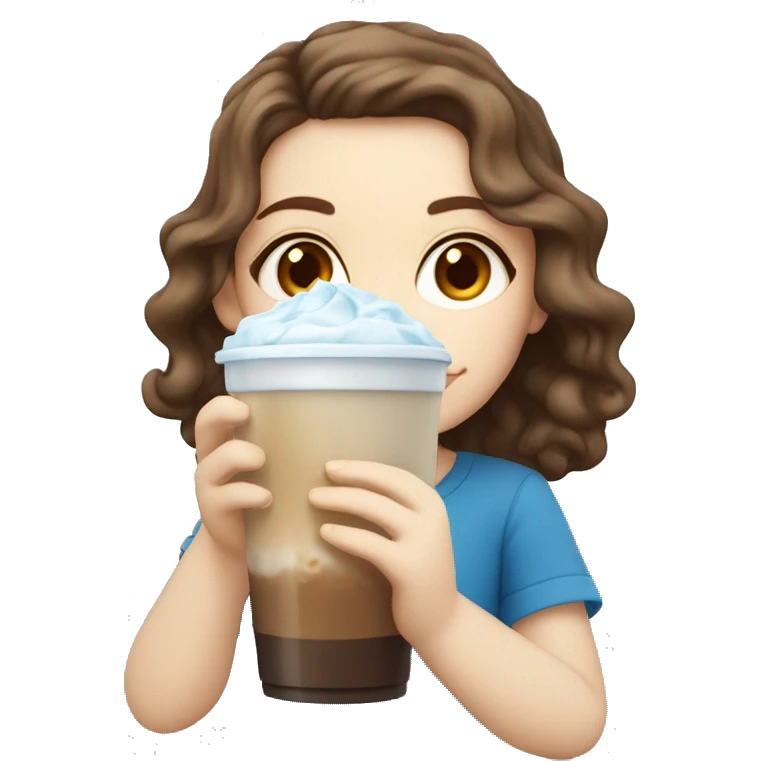 Pale skin girl with brown wavy hair and blue eyes drinking ice latte  emoji