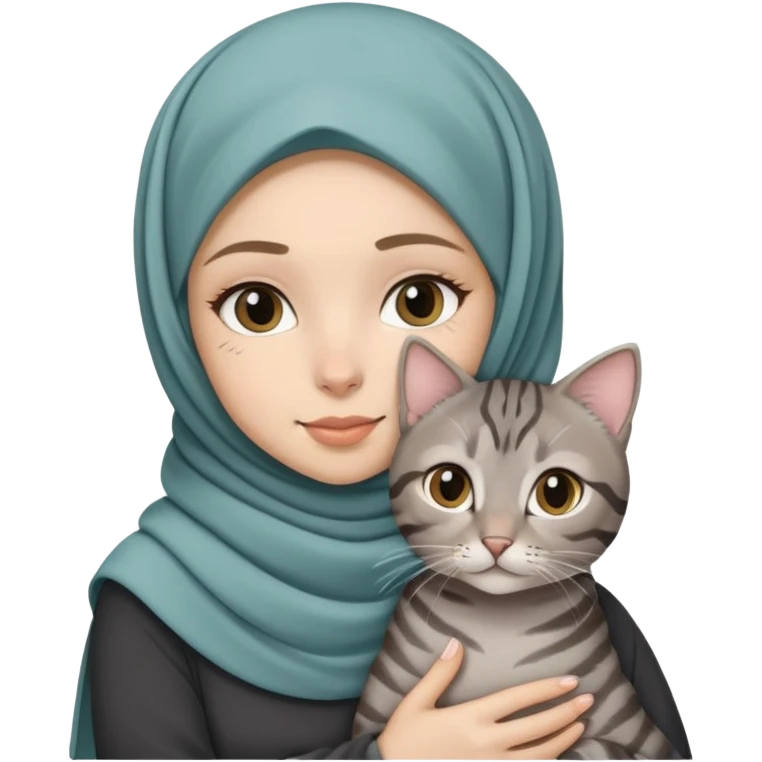 White girl wearing pretty hijab holding a black grey tabby cat emoji