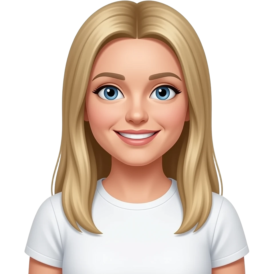 36 year old smiling woman with irish blue eyes and long, straight, blonde hair with middle parting wearing a white t-shirt emoji