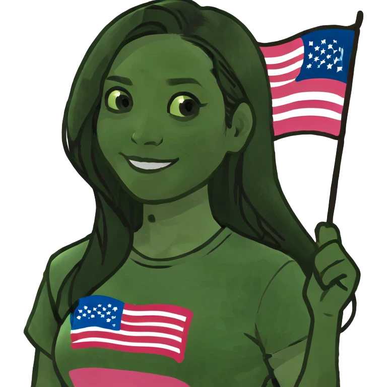 Asian woman smiling, black hair, long hair, dark eyes, pink tshirt, cute face, holding an American flag  emoji