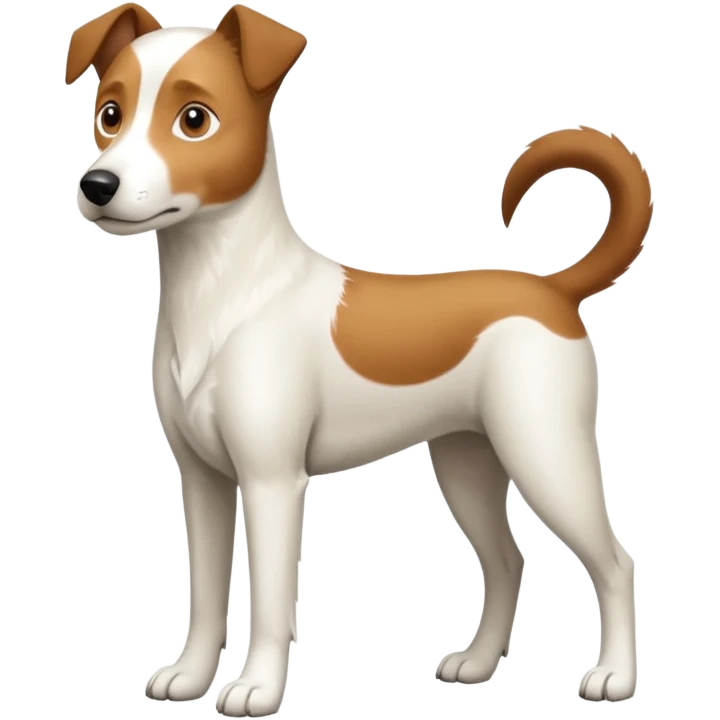 a full body large white parson russell looking dog the size of a kelpie with light brown flopped down ears and a light brown patch on one eye and a large snout emoji