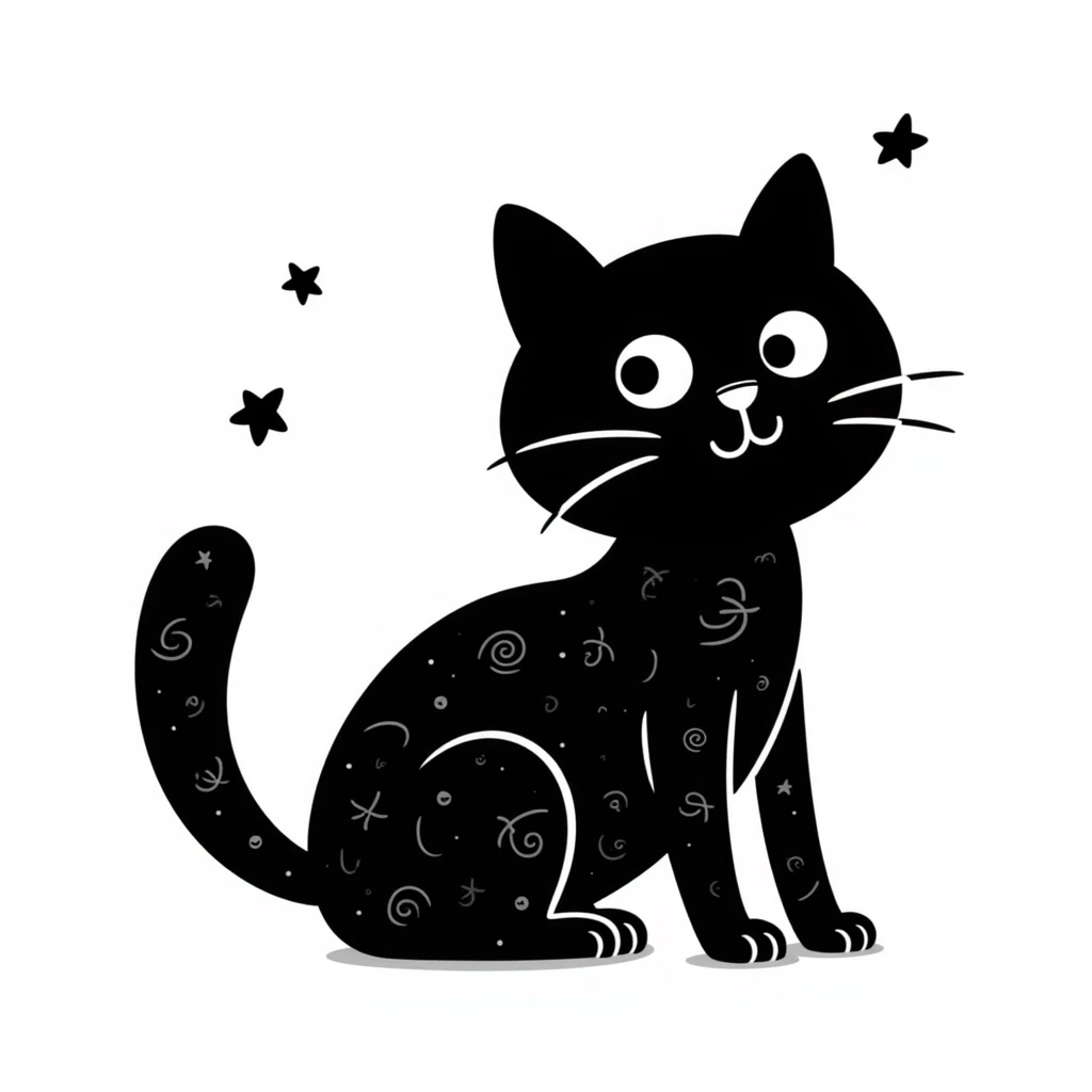 hand drawn cat with stars and swirls, doodle style emoji