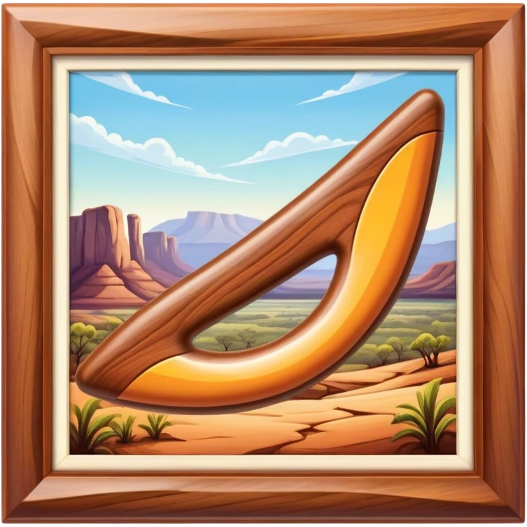 Cinematic Realistic image of a classic boomerang, rendered with detailed wood grain textures and vibrant colors, set against a sunlit outback landscape that emphasizes its iconic Australian heritage emoji
