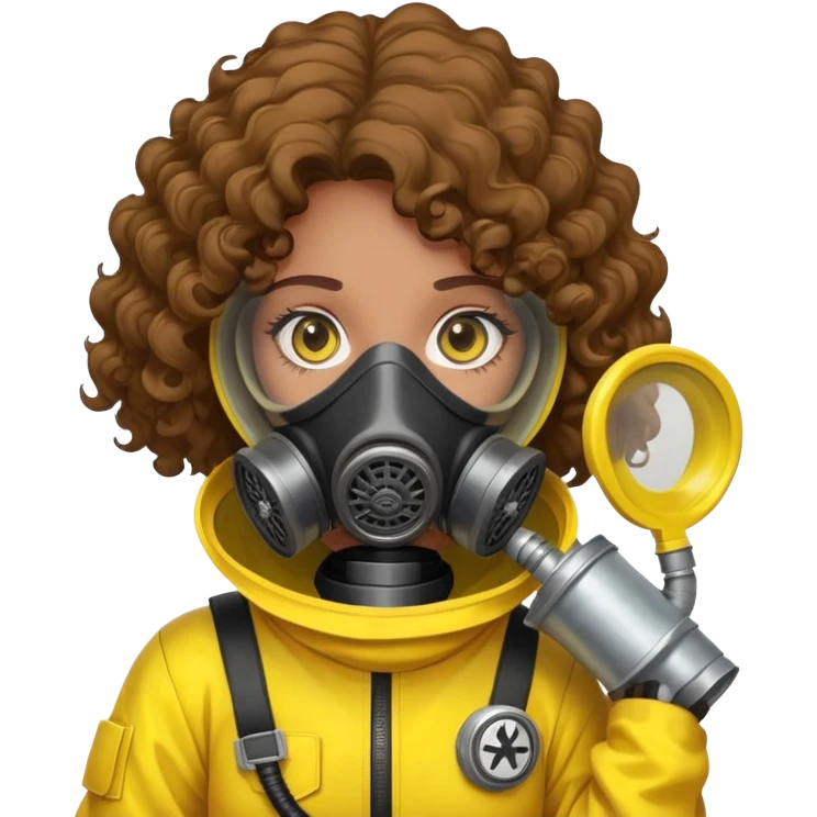 Sticker of a girl with curly brown hair, wearing a yellow hazmat suit and a gas mask. Slightly tense vibe, cartoon style, radiation danger background. emoji